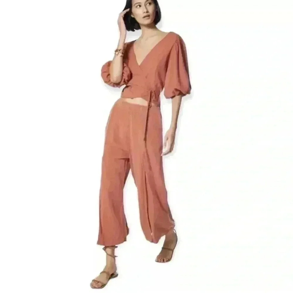Young Fabulous Broke Cove Pants Crop Wide-Leg Split Front Paprika/Orange S Linen